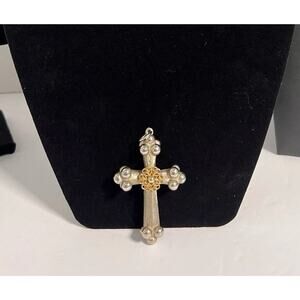 Vtg. Gold Tone Cross Pendant Silver Bead Accents Ornate Center Religious 3.75” H